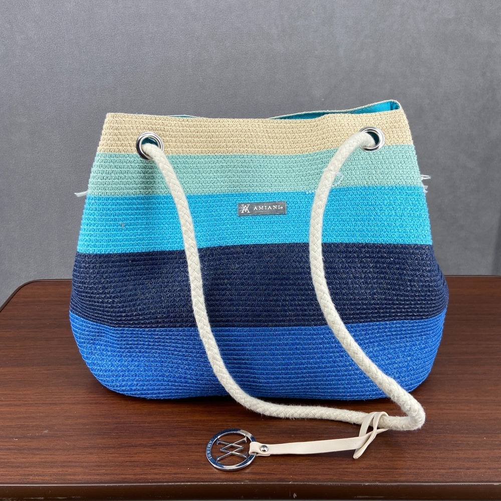 Amiani‎ Handbag Womens Multicolor Striped Braid Rope Strap Jute Beach Tote Bag